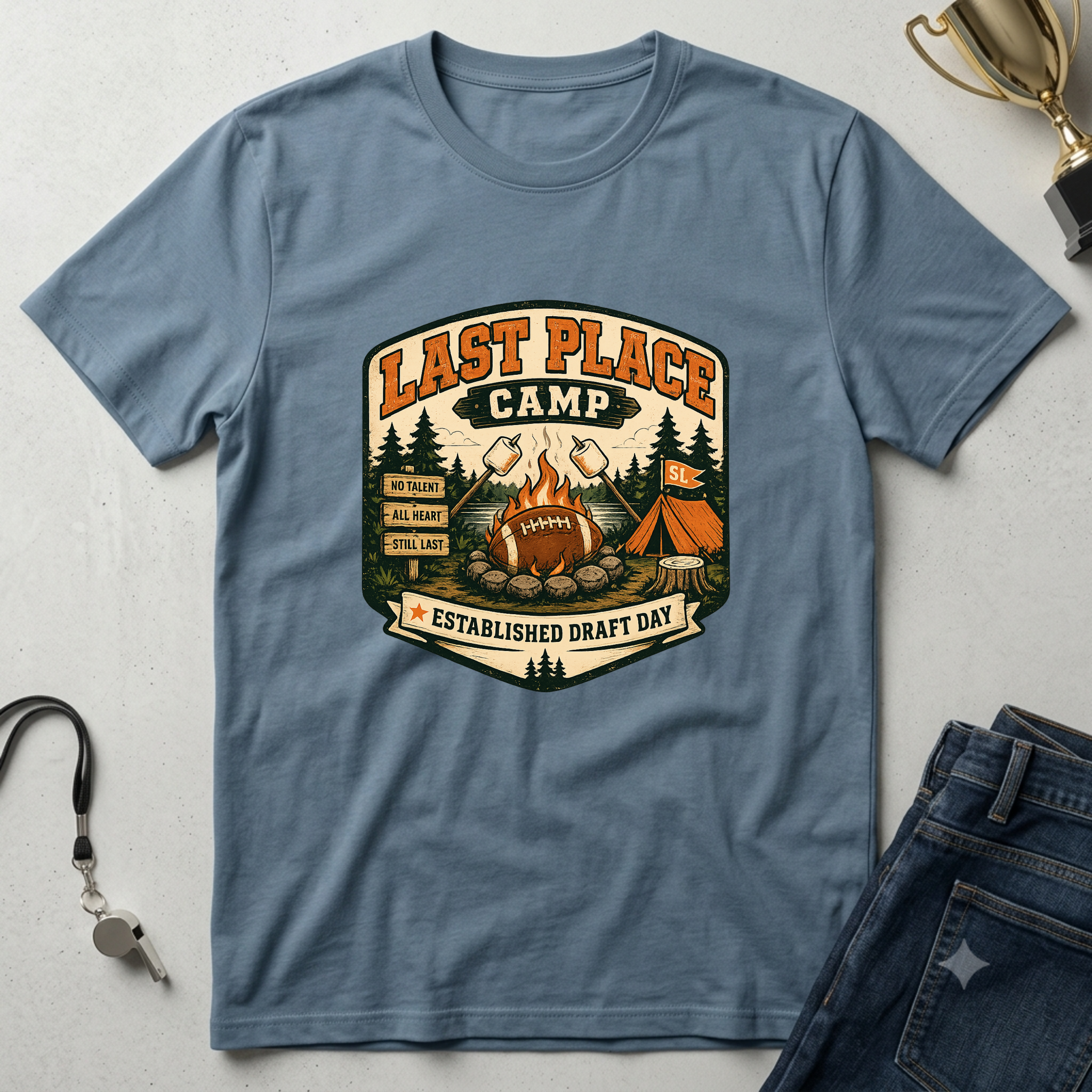 Last Place Camp Fantasy Football T-Shirt — Funny Camping Graphic Tee with Campfire