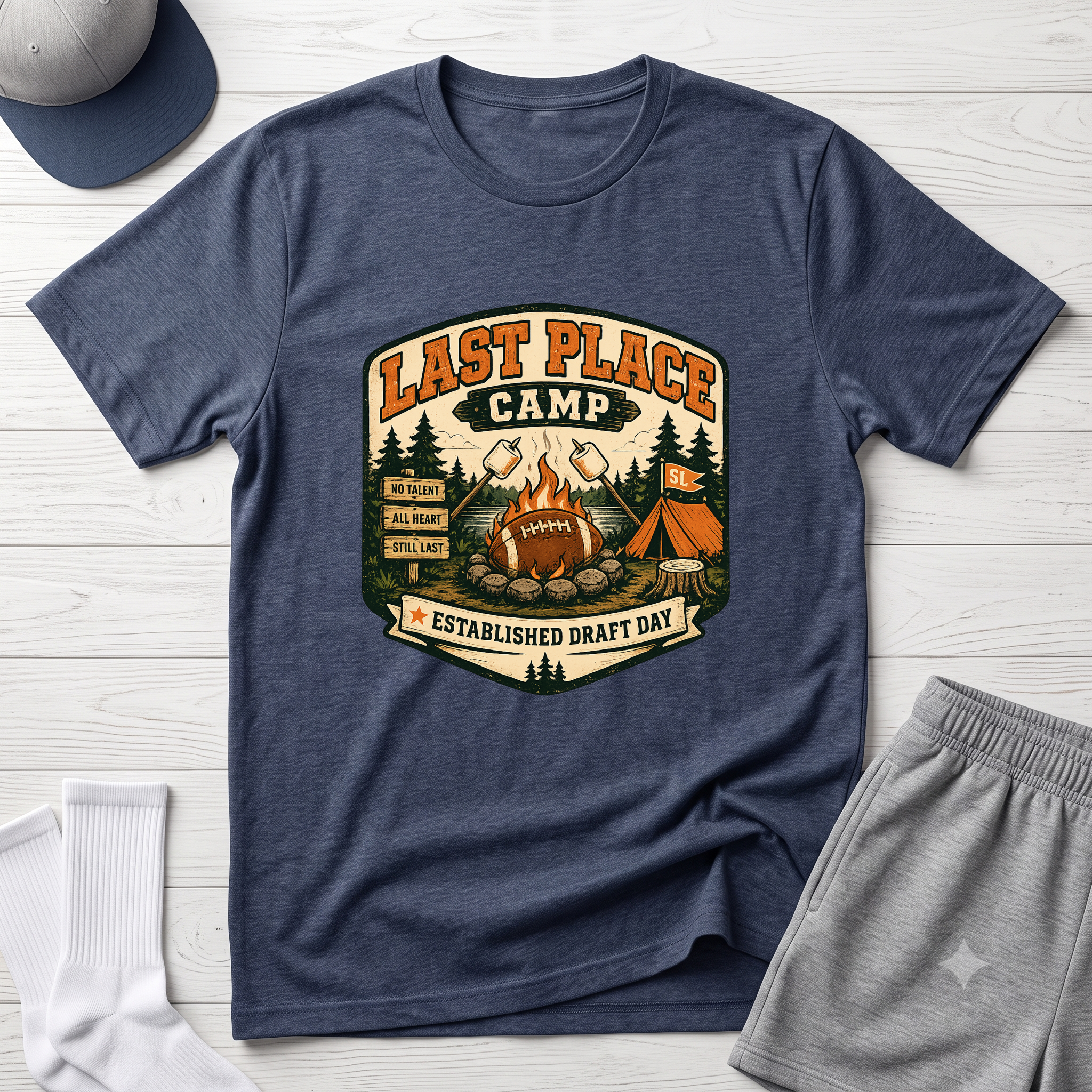 Last Place Camp Fantasy Football T-Shirt — Funny Camping Graphic Tee with Campfire