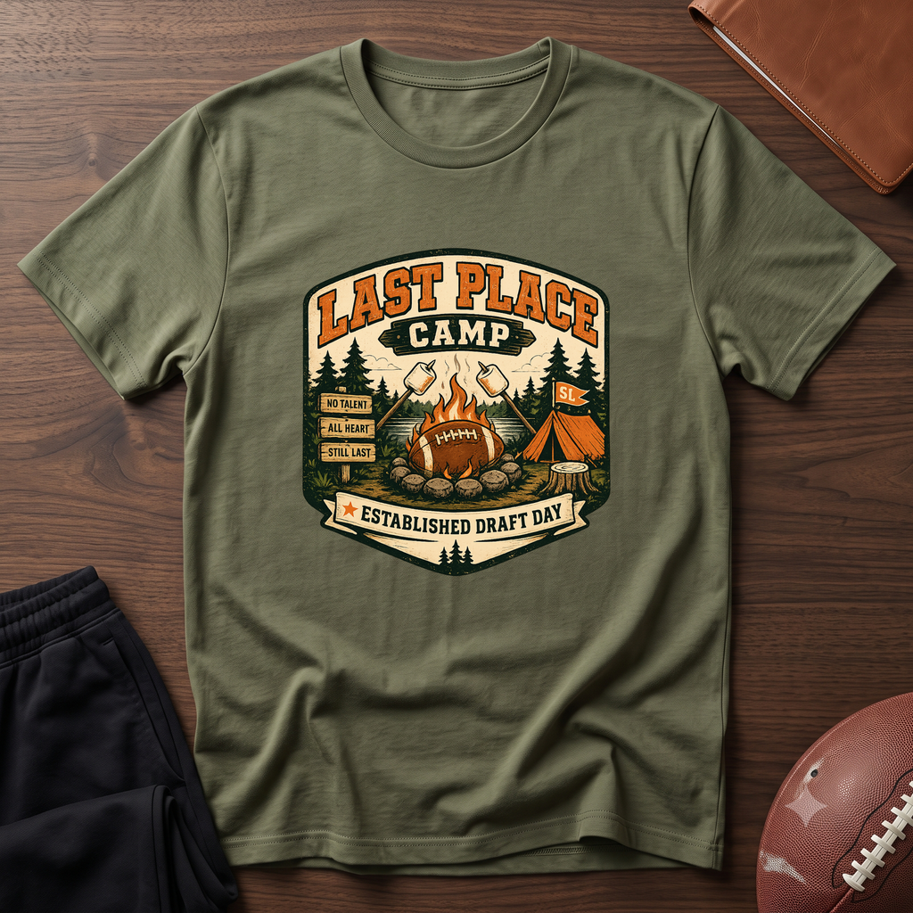Last Place Camp Fantasy Football T-Shirt — Funny Camping Graphic Tee with Campfire