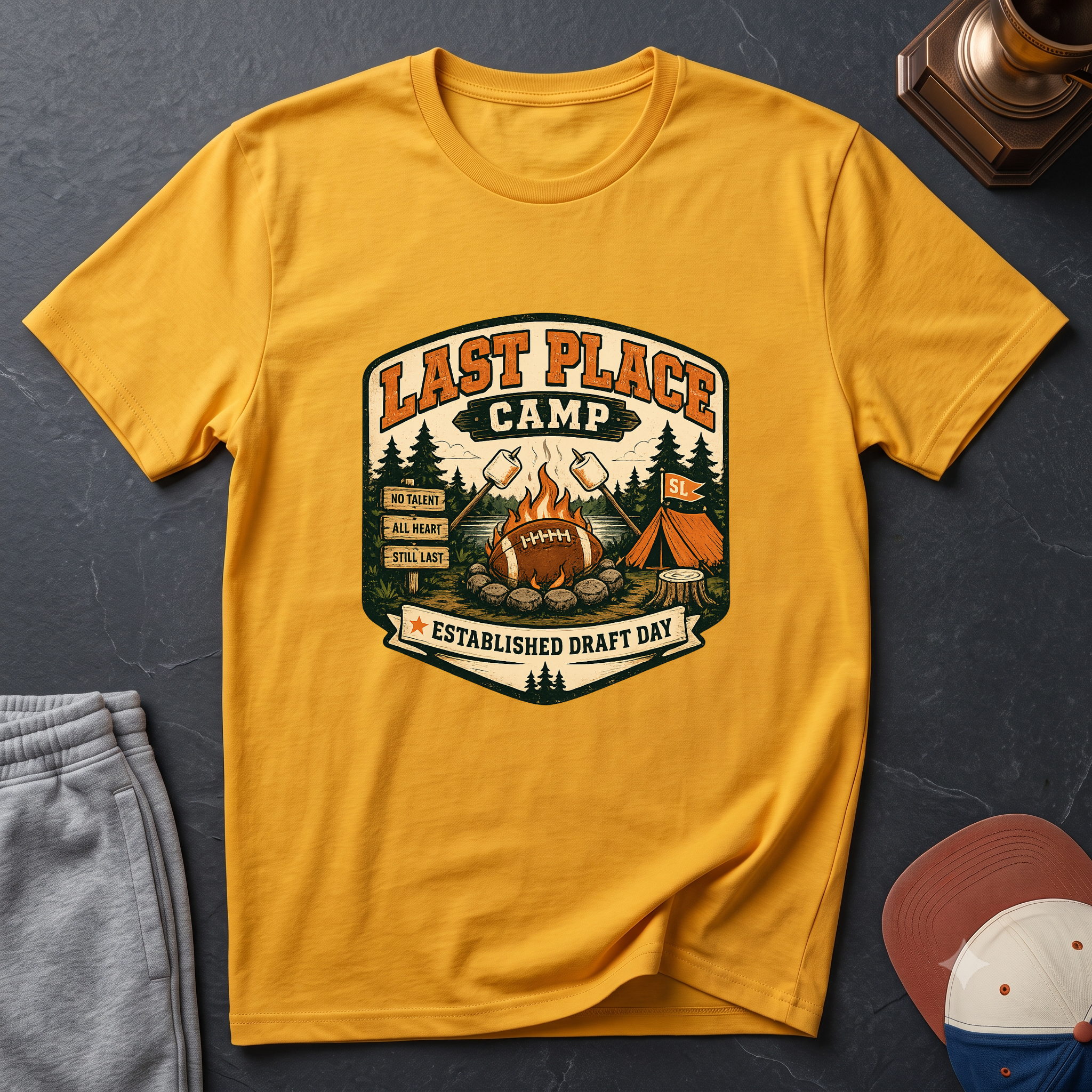 Last Place Camp Fantasy Football T-Shirt — Funny Camping Graphic Tee with Campfire