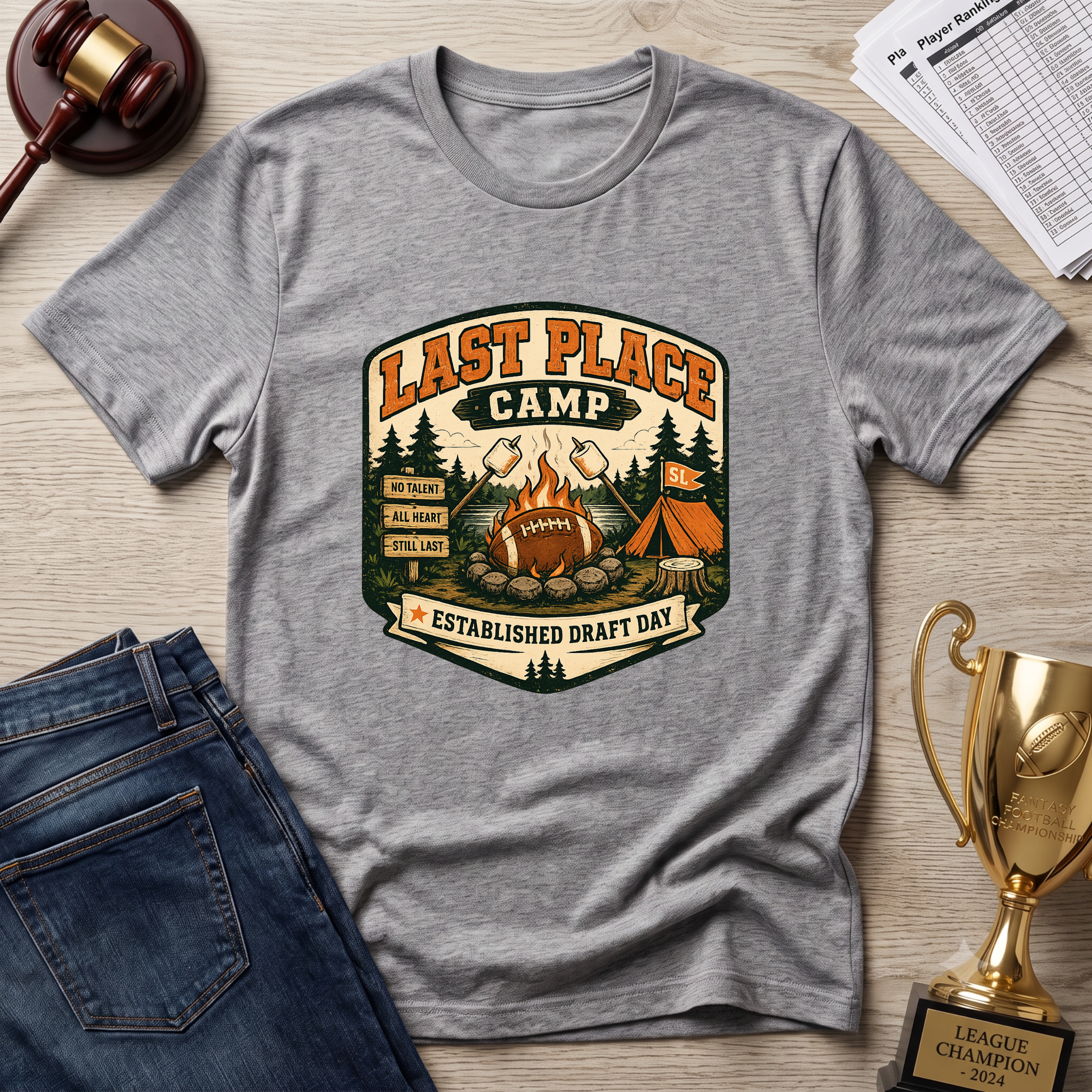 Last Place Camp Fantasy Football T-Shirt — Funny Camping Graphic Tee with Campfire