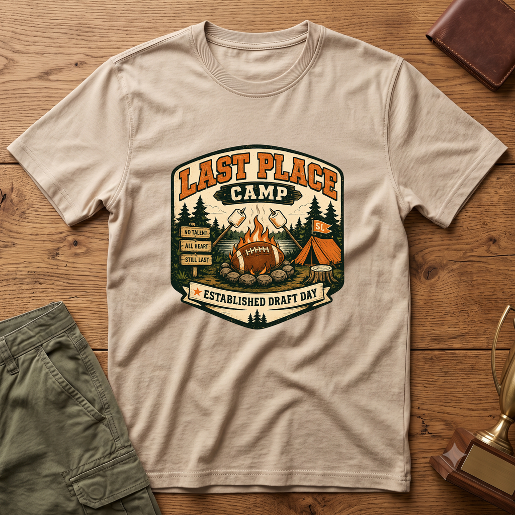 Last Place Camp Fantasy Football T-Shirt — Funny Camping Graphic Tee with Campfire