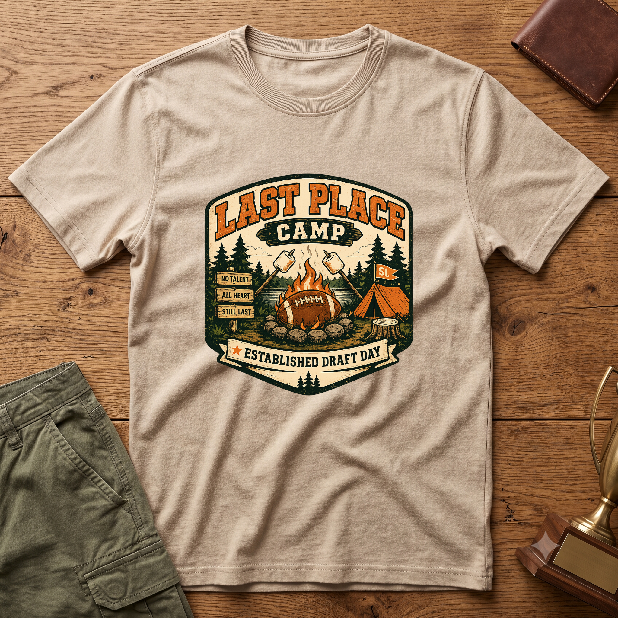 Last Place Camp Fantasy Football T-Shirt — Funny Camping Graphic Tee with Campfire