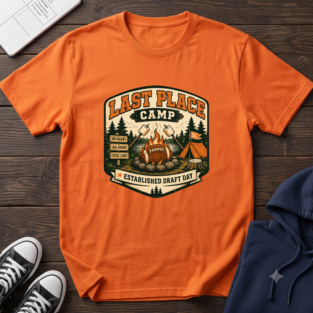 Last Place Camp Fantasy Football T-Shirt — Funny Camping Graphic Tee with Campfire