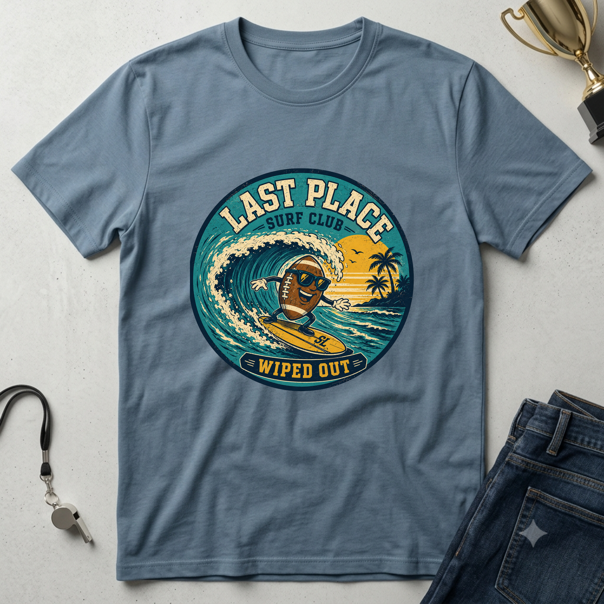 Last Place Surf Club Fantasy Football T-Shirt — Retro Wiped Out Surfing Graphic Tee