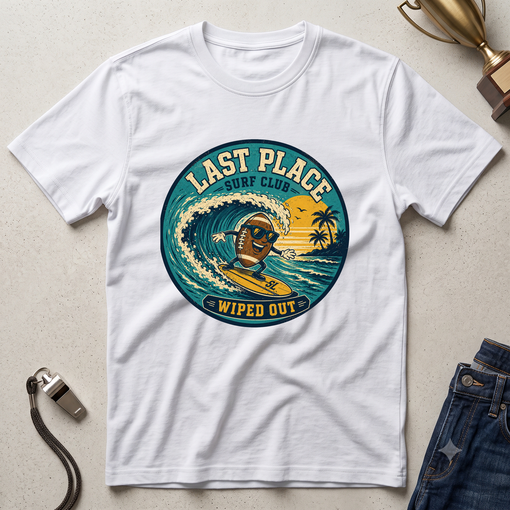 Last Place Surf Club Fantasy Football T-Shirt — Retro Wiped Out Surfing Graphic Tee