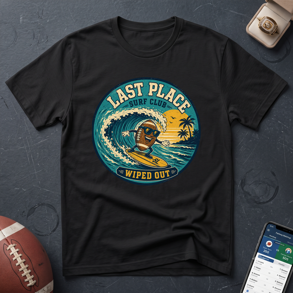 Last Place Surf Club Fantasy Football T-Shirt — Retro Wiped Out Surfing Graphic Tee