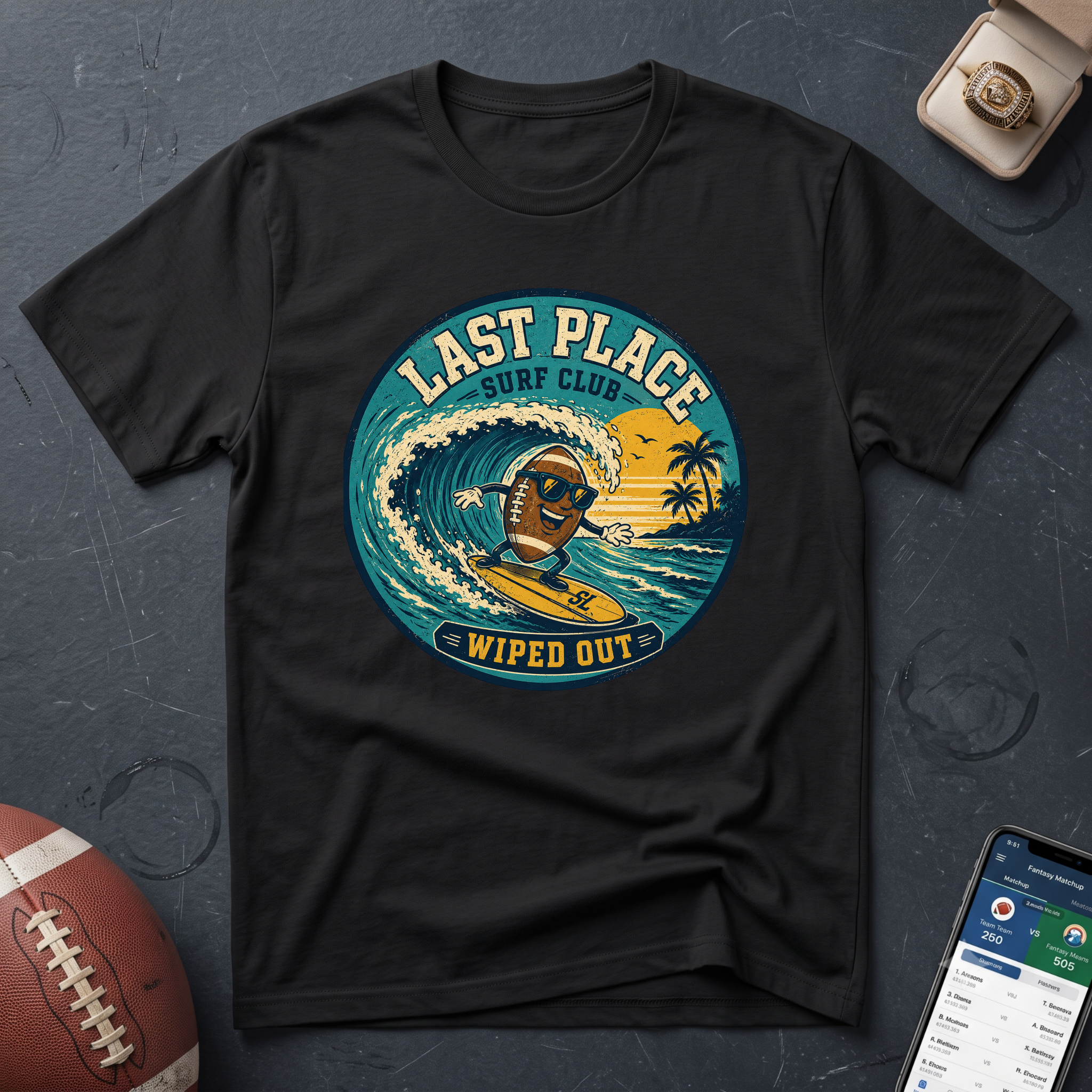 Last Place Surf Club Fantasy Football T-Shirt — Retro Wiped Out Surfing Graphic Tee