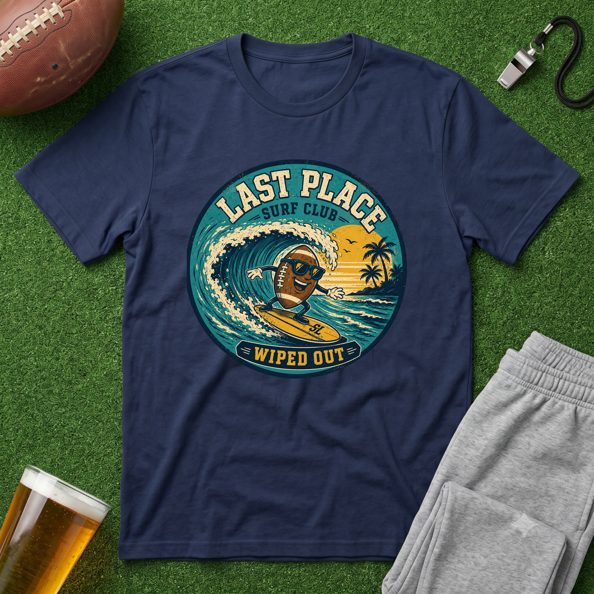Last Place Surf Club Fantasy Football T-Shirt — Retro Wiped Out Surfing Graphic Tee
