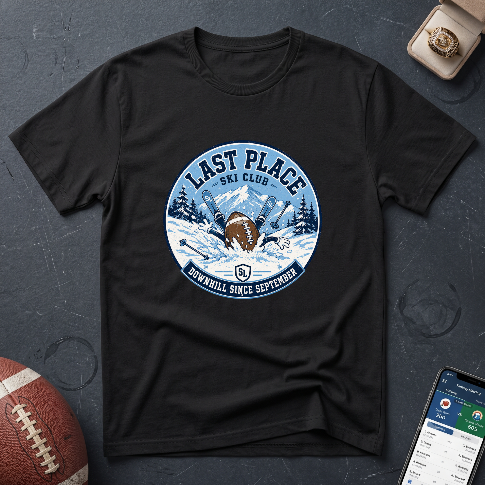 Last Place Ski Club Fantasy Football T-Shirt – Funny Downhill Skiing Graphic Tee