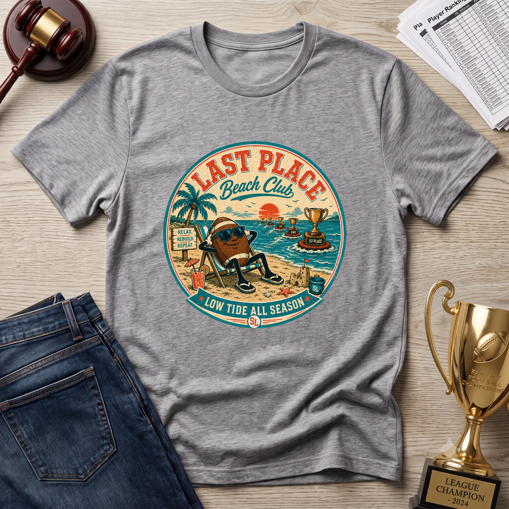 Last Place Beach Club Fantasy Football T-Shirt — Funny Retro Vacation Graphic Tee