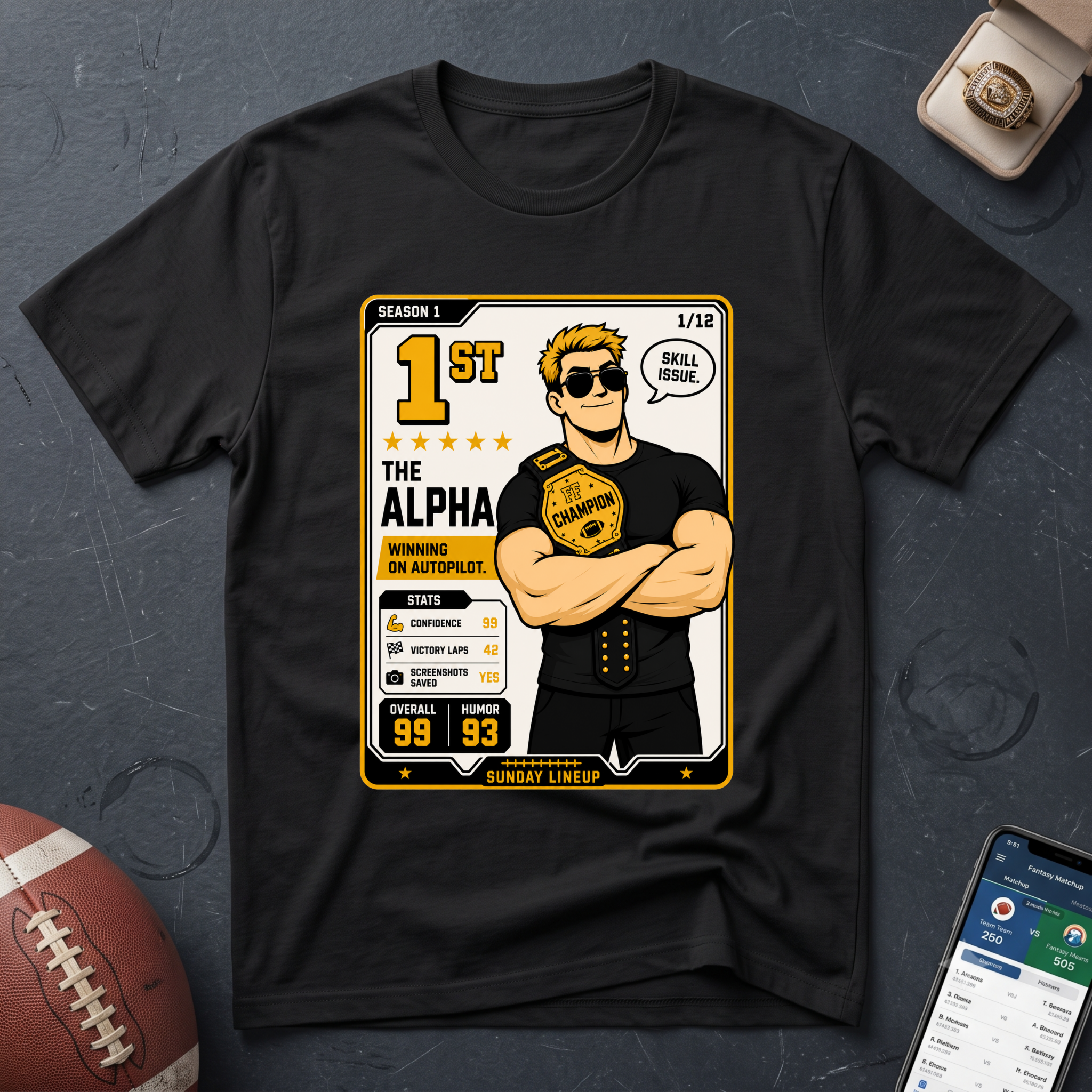 Alpha Champion Graphic T-Shirt — "1st The Alpha" Gaming Card Design Fantasy Football League