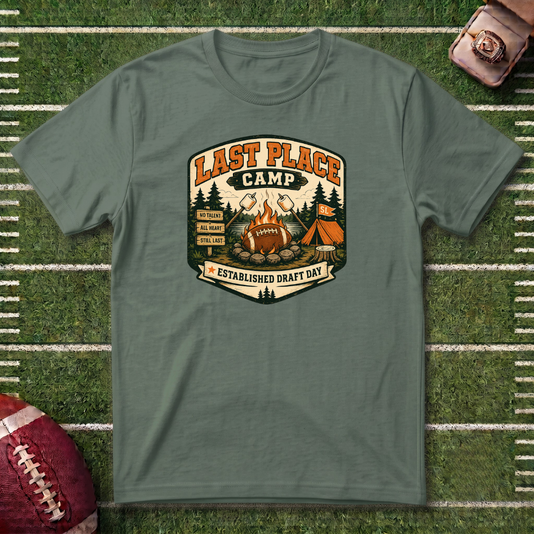 Last Place Camp Fantasy Football T-Shirt — Funny Camping Graphic Tee with Campfire